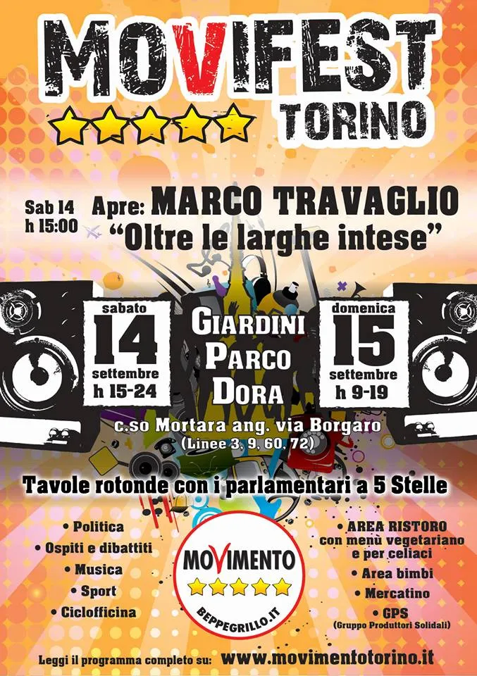 Torino, festa del M5S il 14 e 15 settembre