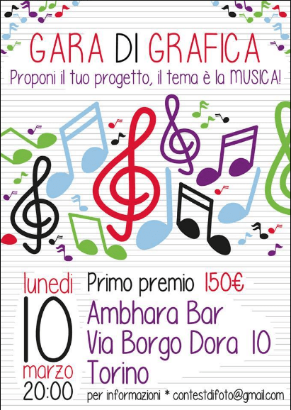 Gara di grafica a Torino con tema la musica e primo premio 150 euro