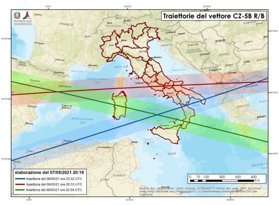 Ecco i tre passaggi del #razzocinese sull'Italia all'interno della finestra in cui avverrà il rientro incontrollato nell'atmosfera. Fonte: Protezione Civile