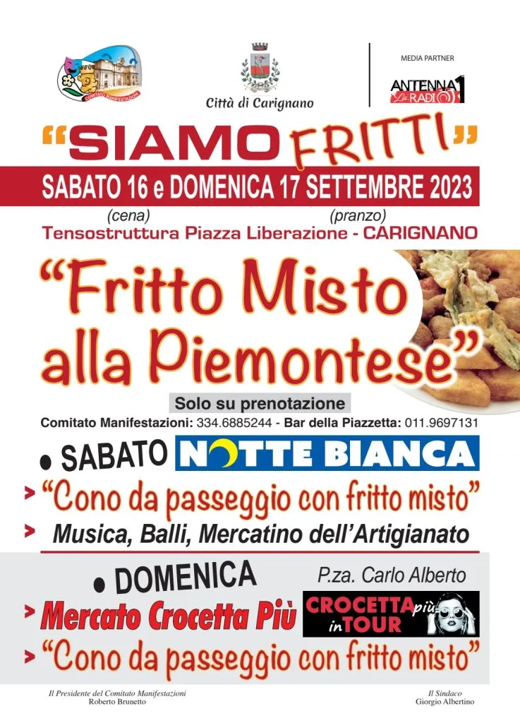 “Siamo Fritti” a Carignano sabato 16 e domenica 17 settembre