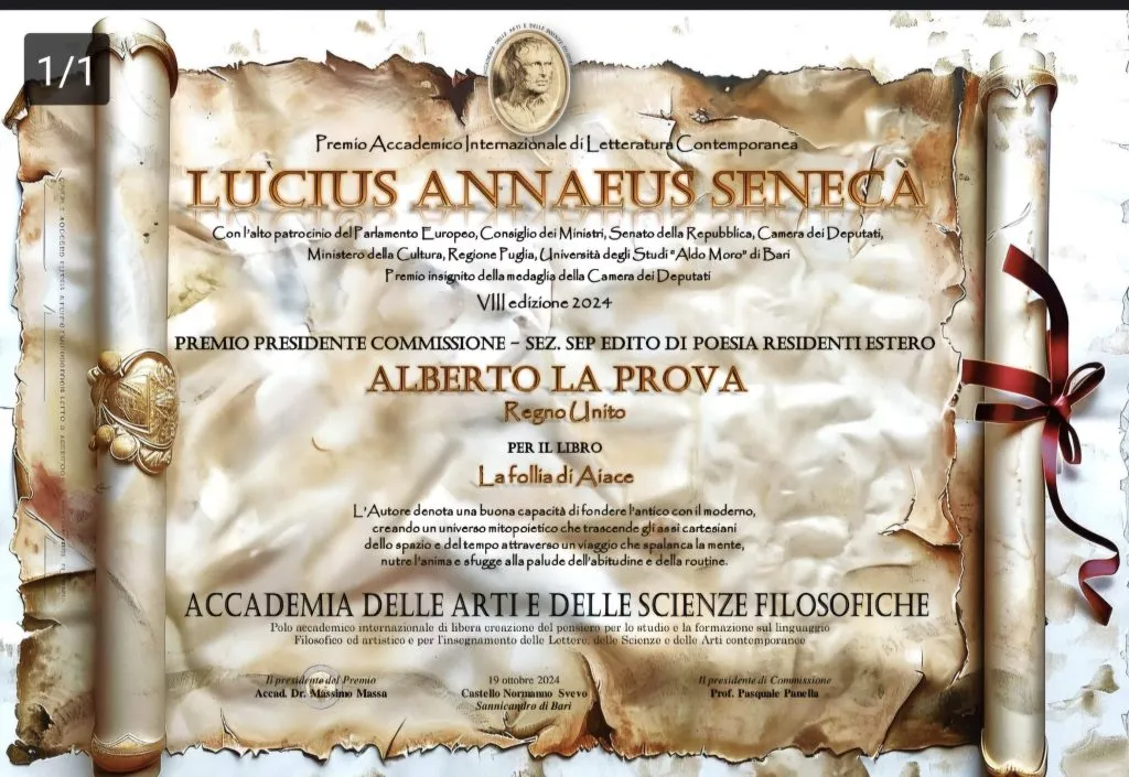 Alberto Kofi e la sua ‘Follia di Aiace’ tra le opere vincenti nel concorso Premio Seneca di Bari